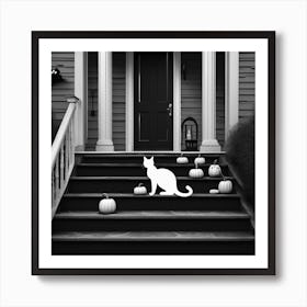 Halloween Cat On Steps In Front Of The Halloween House Black And White Still Digital Art Perfect Art Print