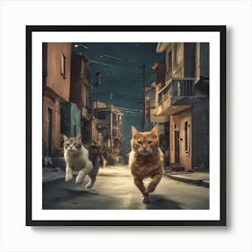 Close Up Photo Of A Cat Running After A Dog Next Art Print