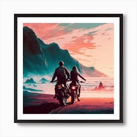 Couple Riding Motorcycles At Sunset Art Print