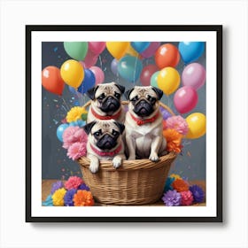 A Basket Full Of Pugs And Balloons Art Print