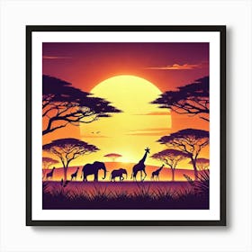 Savanna Sunset Printed Art A Serene Illustration Of A Savanna Sunset With Wildlife Silhouettes, Perfect For Bringing The Warmth And Majesty Of Nature Into Any Space Printed Art Art Print