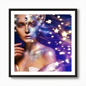 Beautiful Young Woman With Starry Sky Background Art Print