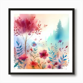 Watercolor Flowers And Trees 1 Art Print