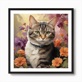 Domestic Shorthair Cat In Flowers Art Print