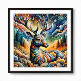 "Enchanted Wilderness: The Majestic Stag" - This vibrant tapestry of colors brings to life a majestic stag, symbolizing nature's splendor and the mystical beauty of the wilderness. The intricate details and flowing lines create a surreal landscape that merges with the creature, embodying the essence of the forest and the sky. This piece is a celebration of wildlife, fantasy, and the seamless dance between the earthly and the ethereal. It's perfect for those who wish to bring the magic of nature's artistry into their home, creating a focal point of awe and wonder that captivates and inspires. Art Print