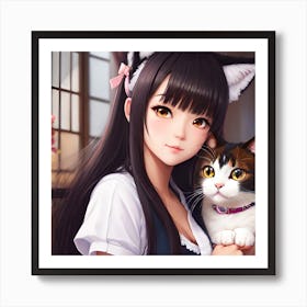 Kawaii anime portrait Rai with cat Art Print