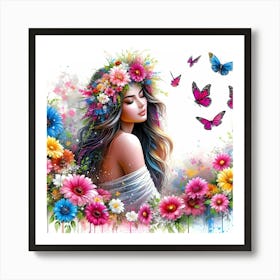 Butterfly Girl With Flowers Art Print