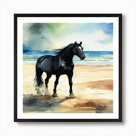 Black Horse On The Beach Art Print