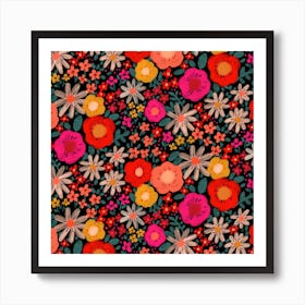 Floral Pattern Black Square Art Print