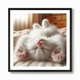 White Cat Sleeping On A Bed Art Print