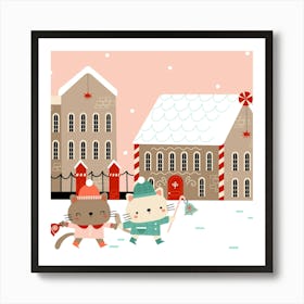 Cute cats walking down the street on Christmas Eve. Merry Christmas. Art Print