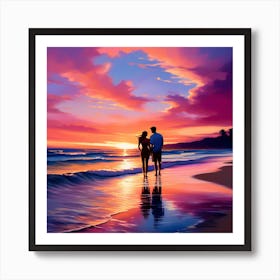 Sunset Couple On The Beach Art Print