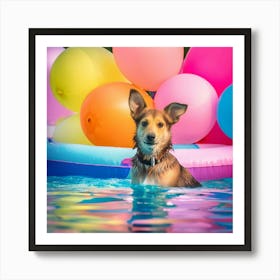 Dog Swimming In Pool With Balloons Art Print