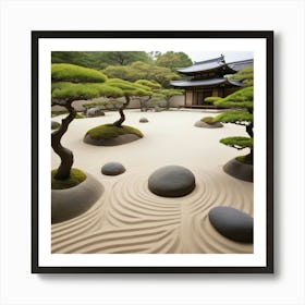 A tranquil scene of a Japanese zen garden with perfectly raked sand, smooth stones, and meticulously pruned bonsai trees. The artwork should evoke calmness and peace, with a minimalist and harmonious composition 3 Art Print