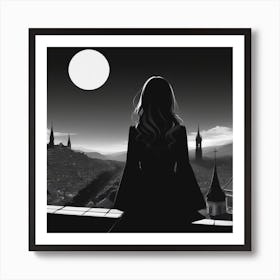 Girl Looking At The Moon Art Print