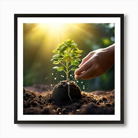 Hand Planting A Tree, A Small Seed That Grows Into A Large Tree Bearing Fruit Art Print