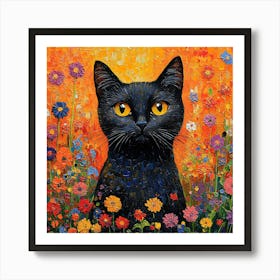 Black Cat In Flowers 1 Art Print