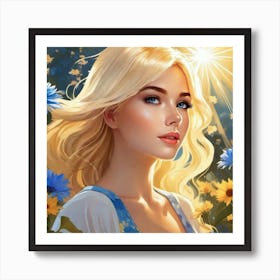 Sun, blue and yellow flowers, blonde hair, blue eyes  Art Print