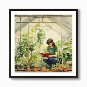 Girl Reading In Greenhouse Art Print