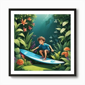 Boy Surfing In The Jungle Art Print