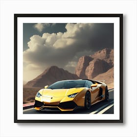 A Lightly Yellow Lamborgini With Clouds And Mountain Art Print