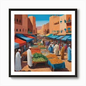 In Style of David Hockney. Outdoor Market in Marrakech Series. Art Print