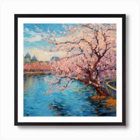 Cherry Blossoms By The River Art Print