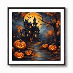 Halloween House With Pumpkins Art Print
