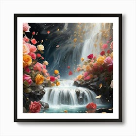 Waterfall With Roses Art Print