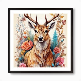 Deer With Roses 1 Art Print