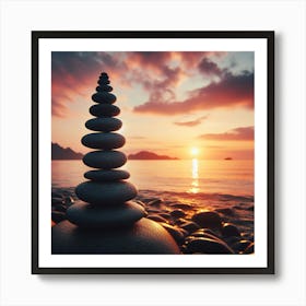 Balancing Stone On The Beach At Sunset Art Print