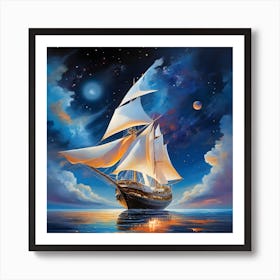 Sailing Ship At Night Art Print