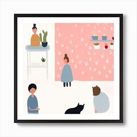 Tiny People At The Cat Cafe Illustration Art Print