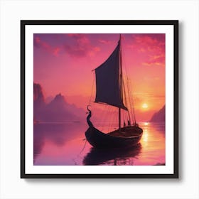 Viking Ship At Sunset Art Print