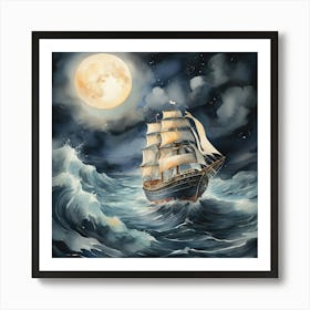 Ship In The Sea At Night Art Print