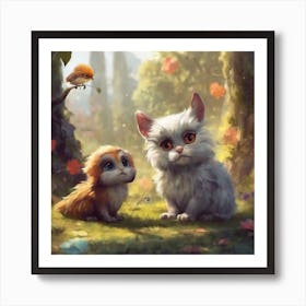 Two Cats And A Bird Art Print