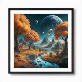 Landscape With Trees And Planets Art Print