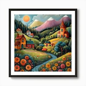 Russian Village, Naive, Whimsical, Folk Art Print