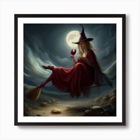 Halloween Witch Drinking Wine Art Print
