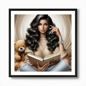 Girl Reading Teddy Bear Art Print