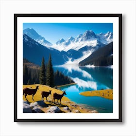 Goats in Paradise: A Serene Lake and Majestic Mountain Landscape Art Print