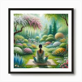 Peaceful Meditation Wall Print Art A Serene Depiction Of A Woman Meditating In A Tranquil Garden, Perfect For Creating A Calming Atmosphere In Any Space Art Print