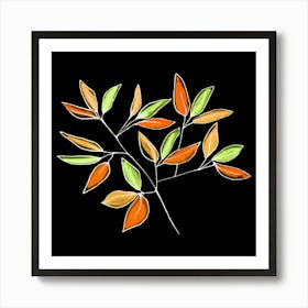 Floral Branches Orange Green On Black 2 Art Print