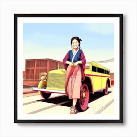 Asian Girl In A Yellow Car Art Print