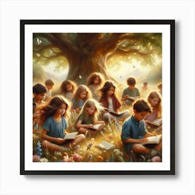 Children Reading Under A Tree Art Print