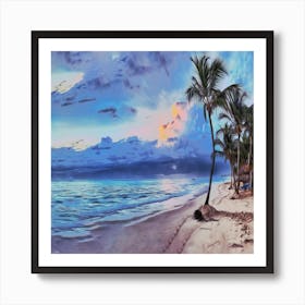 Sunset On The Beach Ocean Sand Palm Trees Palms Art Print