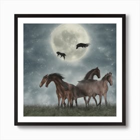Horses In The Moonlight Art Print