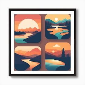 Craft An Easily Identifiable Flat Icon Logo Featuring A Valley A Tranquil River And A Warm Inviti 480806406 Art Print