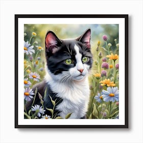 Tuxedo Kitten Digital Watercolor Portrait Art Print