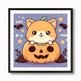 Halloween Cat in Pumpkin with Bats Around - Cute Cartoon Anime Styled Art Print
